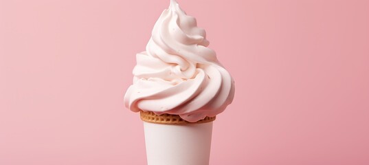 Delicious vanilla milk ice cream cone on pastel background with crispy cone and text space