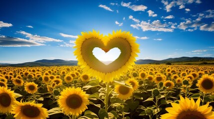Generate a field of sunflowers with a heart in the center, saying "Sunflower love."