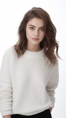 Obraz premium Caucasian beautiful brown haired woman wearing white sweater and white jeans over white background