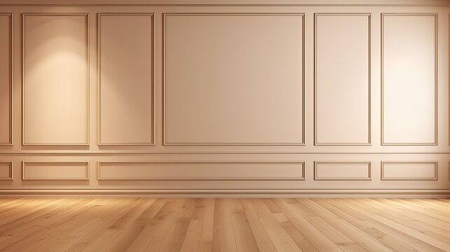 Light brown empty wall with decorative paneling and wood flooring with interesting light reflections. Background for the presentation