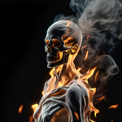 close up of a Fire Ghost, luminated, ghost in motion, transparent smoke, black background

