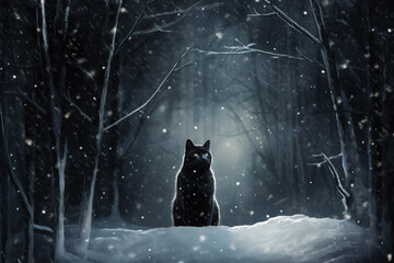 Cozy Cat in Snowy Winter Wall Art Print Background