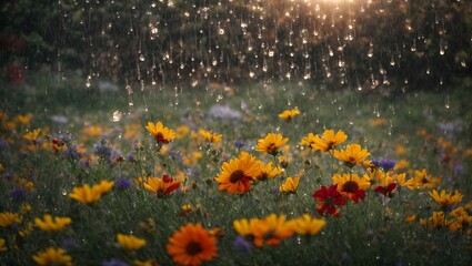 Fototapeta na wymiar Raining, flower field. 