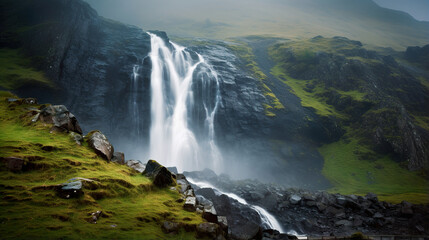 Obraz premium Misty Waterfall in the Forest. Generative Ai
