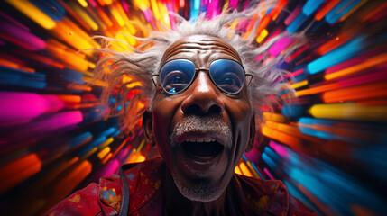 Vibrant Close-Up of Amazed Old Black Man in Psychedelic Motion