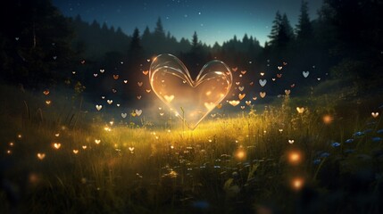 Produce a meadow with fireflies forming a heart shape, captioned with 