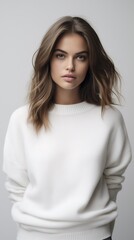 Obraz premium Caucasian beautiful brown haired woman wearing white sweater and white jeans over white background