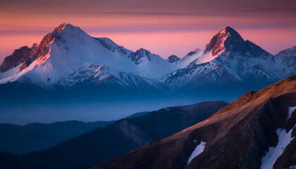 Bright sunrise in the snow covered  mountains.