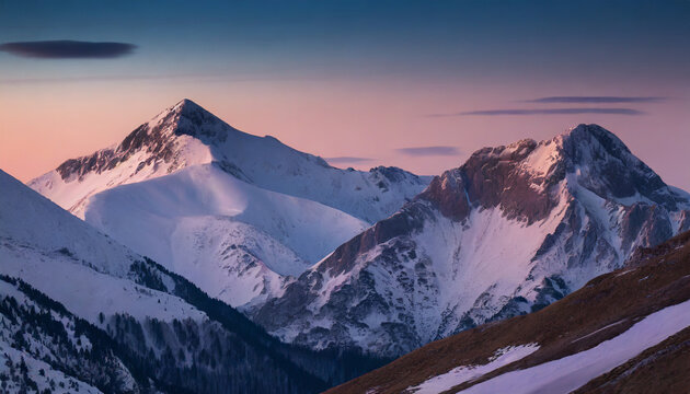 Bright sunrise in the snow covered  mountains.