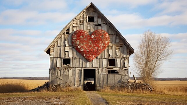 Craft a rustic barn with the message "Home is where the heart is."