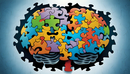 Brain puzzle icon. Colorful neurodiversity concept. Human mind complexity. Creativity and brainstorming. Emotional intelligence. Mental health balance. Jigsaw pieces. Vector illustration, clip art