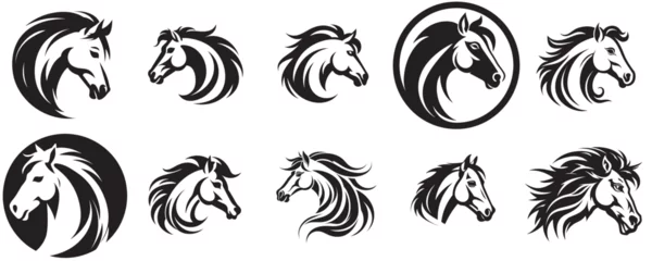 Poster Stylized Horse  Vector Heads Logos in Black and White Silhouettes Illustrations © Stefan