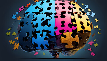 Brain puzzle icon. Colorful neurodiversity concept. Human mind complexity. Creativity and brainstorming. Emotional intelligence. Mental health balance. Jigsaw pieces. Vector illustration, clip art
