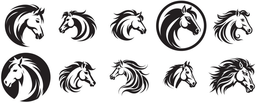 Stylized Horse  Vector Heads Logos in Black and White Silhouettes Illustrations