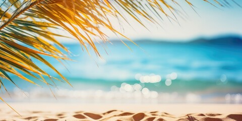 Fototapeta na wymiar Summer landscape, nature of tropical golden beach and leaf palm, soft focus. Golden sand beach with glare in water, turquoise sea water, blue sky, white clouds. Copy space, summer vacation concept 