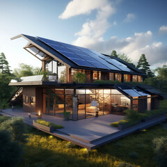 a luxury house with solar panels on the roof