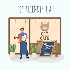 Vector illustration, cartoon cat cafe characters, animal friendly cat, small business graphic, customer and barista. Modern flat vector. 
People eat and talk together with a dog and a cat in a cafe. 
