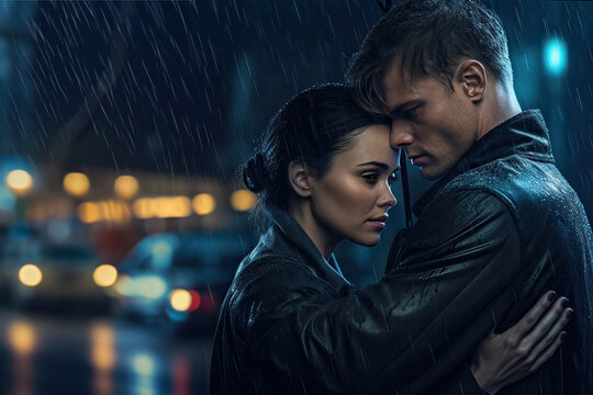 Couple sharing romantic moments under the rain.Love