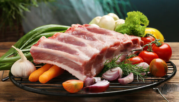 Raw pork ribs, with vegetables and spices.  