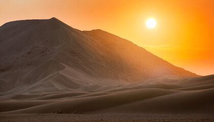 Fototapeta na wymiar Sand dunes in the Desert on sunset huge orange sun over horizon. 