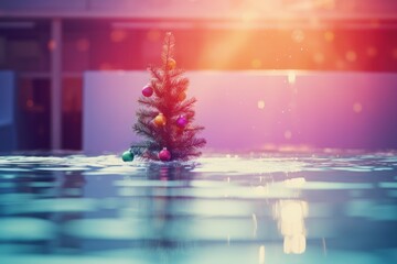 A lone christmas tree partially submerged in a pool with sun setting, creating a dreamy, reflective atmosphere - obrazy, fototapety, plakaty