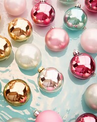 Close-up view of shiny christmas baubles with reflection on shimmering water surface