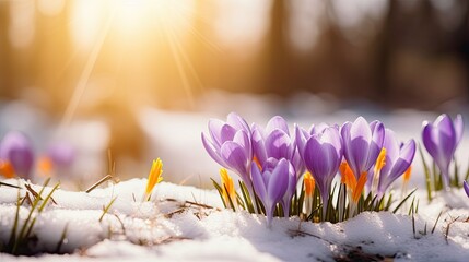 The first spring flowers violet crocuses in snow in nature in the rays of sunlight against blue...