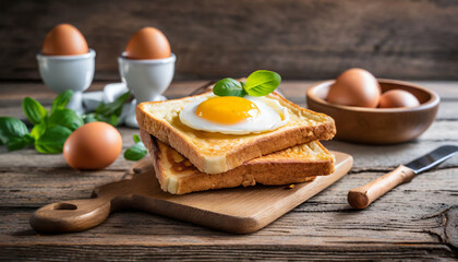 Toast with egg wooden background. 