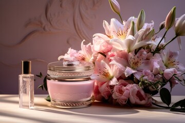 A classy arrangement of perfume bottle and moisturizing cream amongst blooming flowers with soft lighting