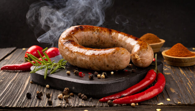 Grilled sausages on the grill with spicy on dark background.