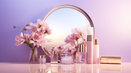 Elegant skincare and beauty products arrangement with pink florals on a reflective surface