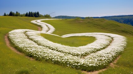 Design a field of daisies with a heart-shaped path and "Daisy love."
