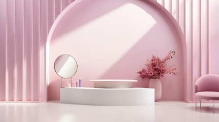Contemporary bathroom setup with pastel pink hues and minimalist design, featuring elegant fixtures
