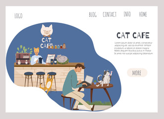 Vector concept landing page horizontal banner cat cafe - small business graphic - customer and barista. Modern flat vector. 
Concept illustration - guy working on laptop in cat cafe.