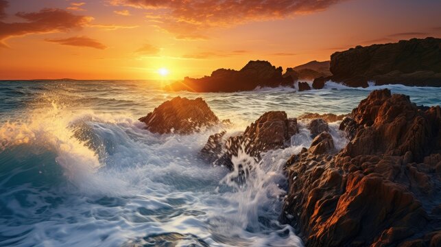 Very beautiful mediterranean seascape with setting sun on sunset. Waves crash on rocks in nature. © Creative Canvas