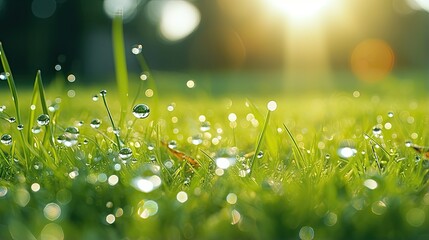 Very beautiful wide-format photo of green grass close-up in an early spring or summer morning, with dew or rain drops on the blades of grass and light bokeh in the morning sun.  - Powered by Adobe