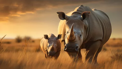 Fototapeten a rhinoceros and baby rhino walking in tall grass © Elena