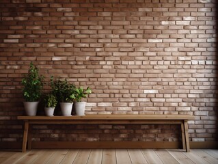 Brown wooden surface and white brick wall, AI generator