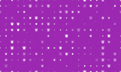 Seamless background pattern of evenly spaced white bell symbols of different sizes and opacity. Vector illustration on purple background with stars