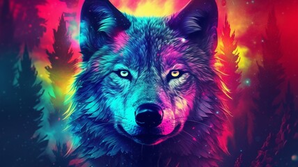 Horned wolf colorful head vector animal ultra background illustration picture AI generated art - obrazy, fototapety, plakaty