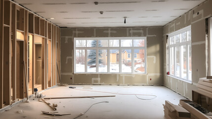 L'intérieur d'une maison en cours de rénovation avec des murs inachevés. - obrazy, fototapety, plakaty
