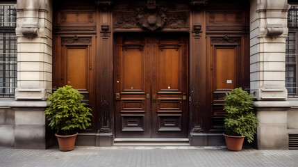 Une porte en bois d'un immeuble à paris. - obrazy, fototapety, plakaty