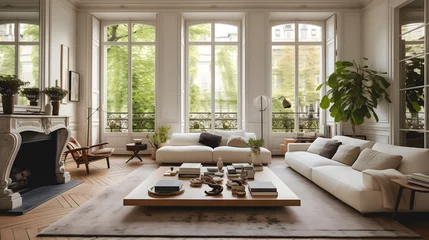 Foto op Plexiglas Un canapé et une table basse dans le salon moderne d'un appartement.  © Gautierbzh