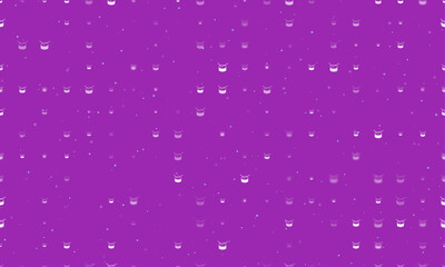 Seamless background pattern of evenly spaced white drum symbols of different sizes and opacity. Vector illustration on purple background with stars
