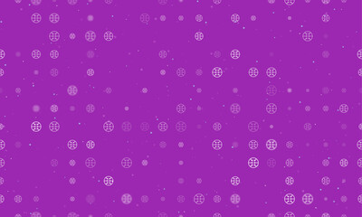 Seamless background pattern of evenly spaced white microcircuit symbols of different sizes and opacity. Vector illustration on purple background with stars