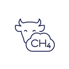 methane emissions from cattle, ch4 gas line icon with a cow