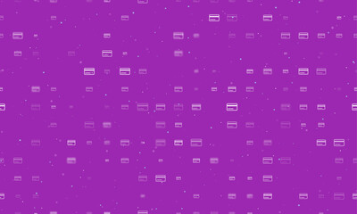 Seamless background pattern of evenly spaced white credit card symbols of different sizes and opacity. Vector illustration on purple background with stars