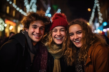 portrait of group of happy friends on the street