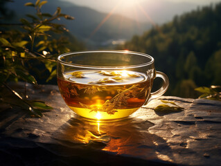 Tea cup with tea leaf on the wooden table and the tea plantations background on sunset