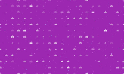 Seamless background pattern of evenly spaced white school building symbols of different sizes and opacity. Vector illustration on purple background with stars